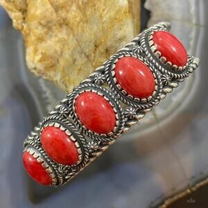 Carolyn Pollack Vintage Southwestern Style Sterling Silver Coral Row Bracelet